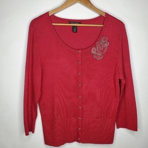 White House Black Market Womens Snap Front Cardigan Size M Beaded Flower Ribbed